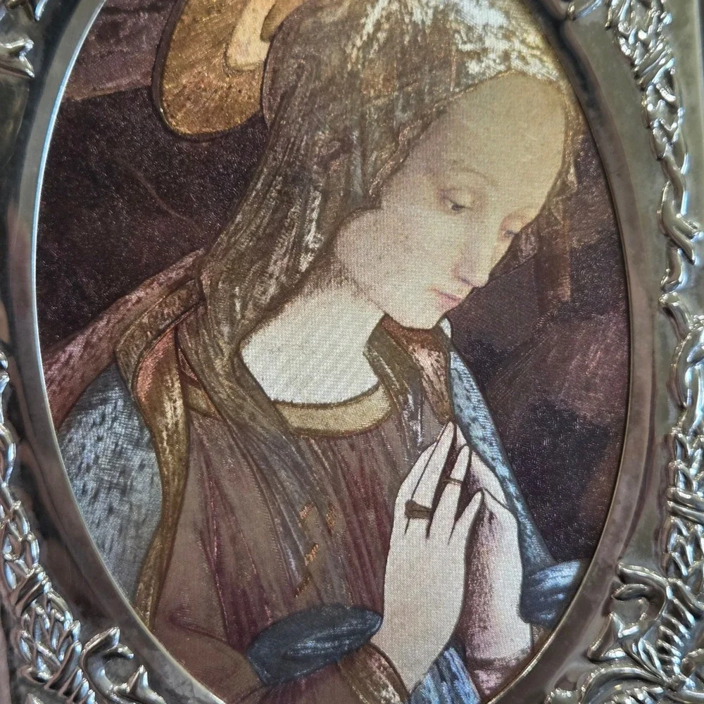 Vintage Religious Mary Framed Art Iridescent Prismatic‎ Silver Plated Ornate